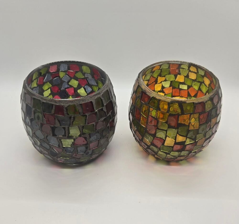 Set of 2 Multicolor Glass Votive Candle Holders Mosaic Round Colorful Boho Decor